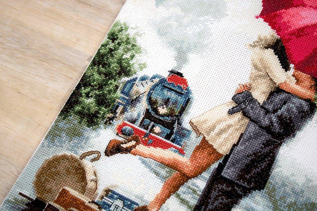 Couple on Train Station B2369L Counted Cross-Stitch Kit featuring vibrant colors and detailed design by Richard Macheil.