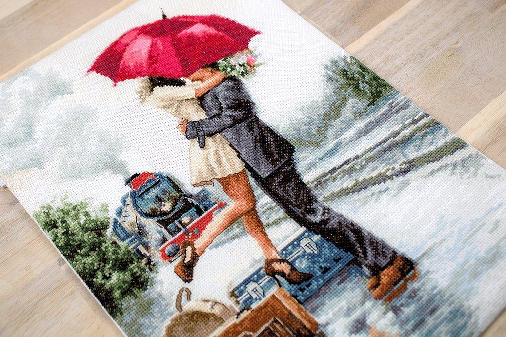 Couple on Train Station B2369L Counted Cross-Stitch Kit featuring vibrant colors and detailed design by Richard Macheil.