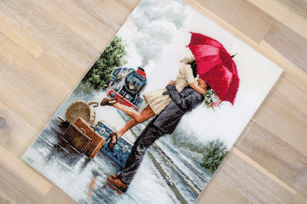 Couple on Train Station B2369L Counted Cross-Stitch Kit featuring vibrant colors and detailed design by Richard Macheil.