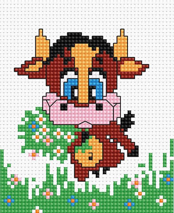 Cow B047L Counted Cross-Stitch Kit with Aida canvas, Anchor threads, and needle.