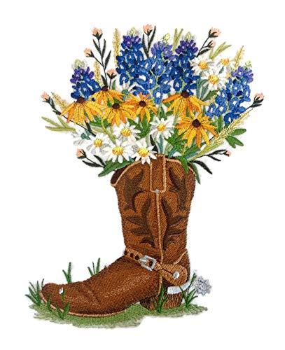 Cowboy Boot Bouquet embroidered patch featuring vibrant colors and intricate design, perfect for iron-on or sewing applications.