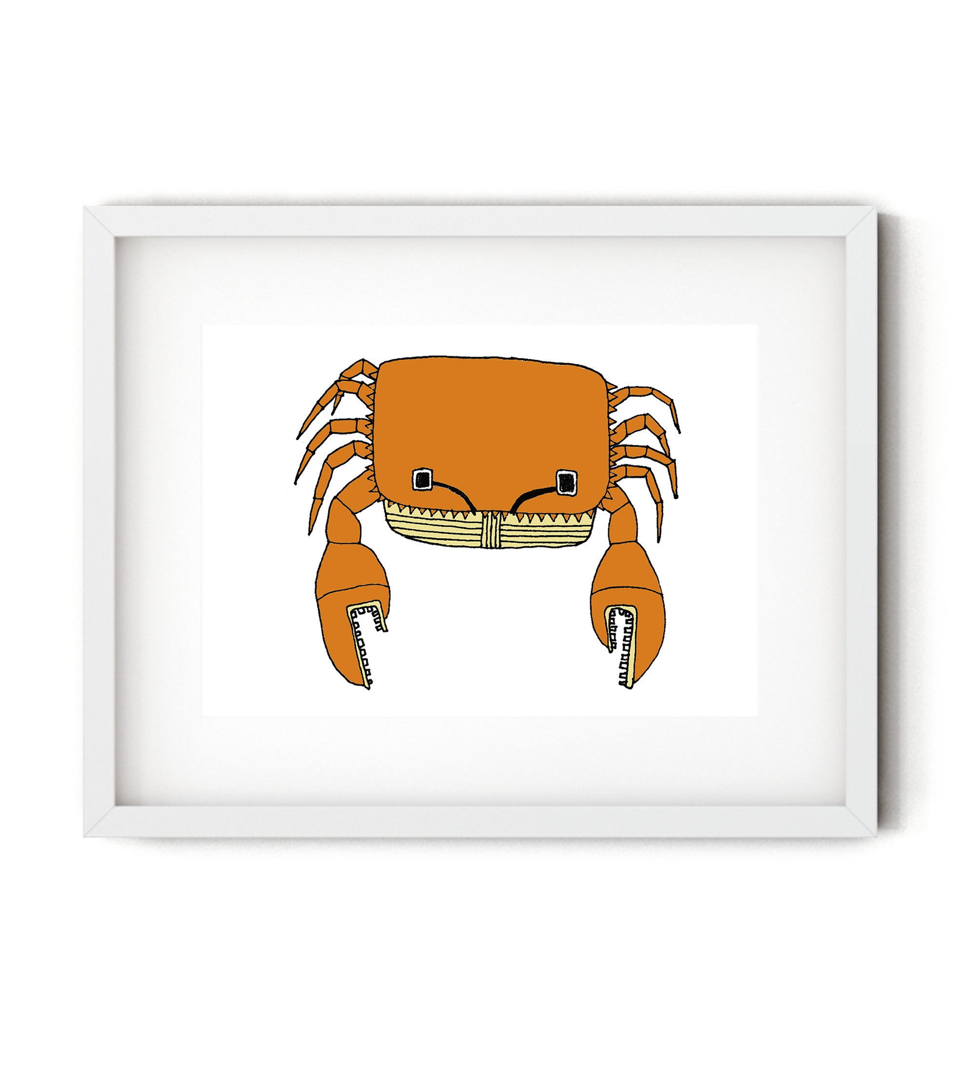 A colorful illustrated print of a crab with antenna-like eyes, showcasing playful design elements.