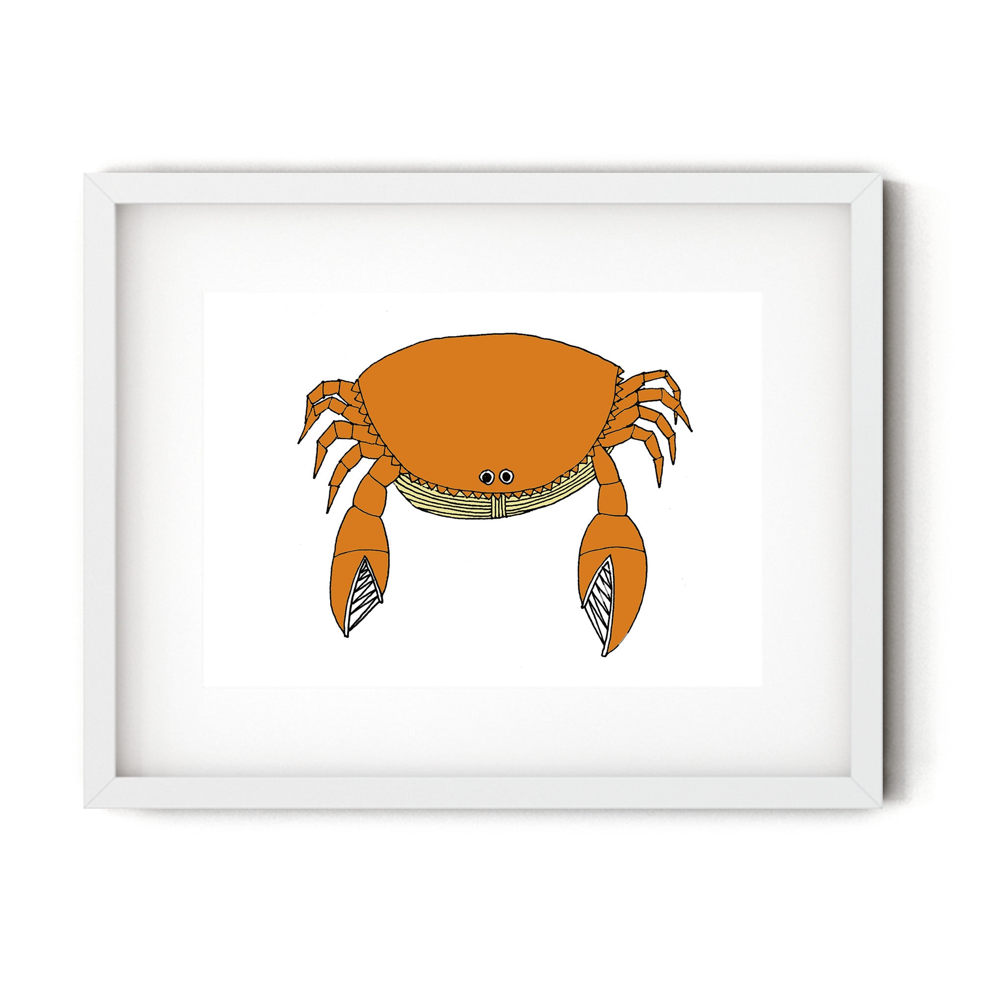 A colorful illustrated print of a round crab, showcasing playful design and vibrant colors.