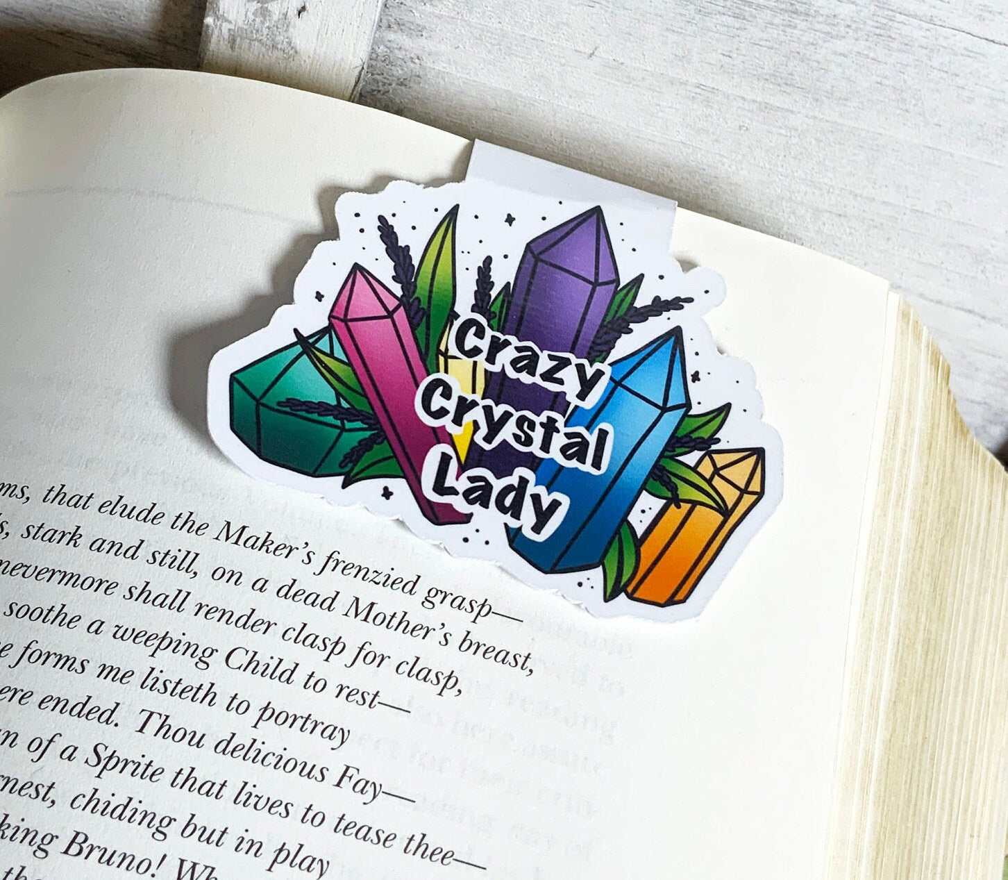 Crazy Crystal Lady Magnetic Bookmark featuring a whimsical design, measuring 3 inches wide by 2.5 inches tall, with strong magnets.