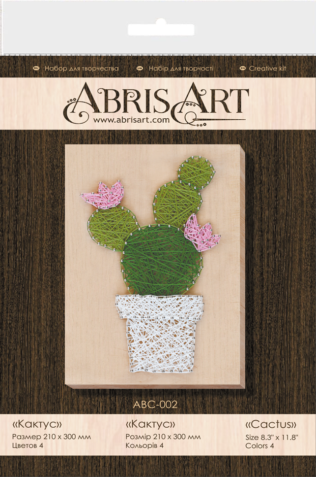 Creative Kit/String Art Cactus ABC-002 featuring wooden base, colorful threads, and nails for crafting.