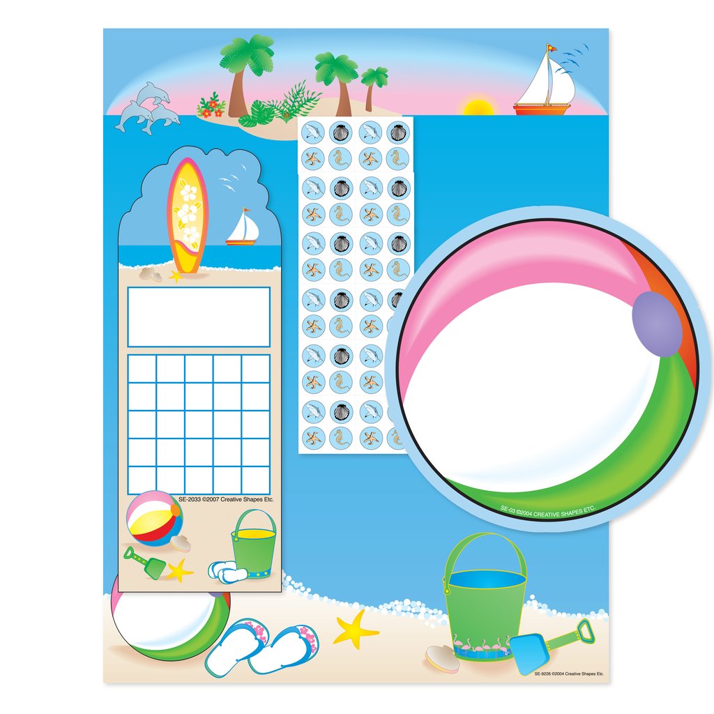 Beach-themed educational sticker chart.