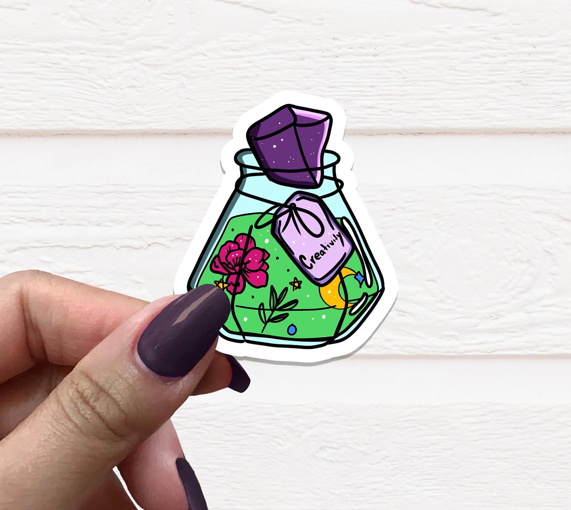 A vibrant Creativity Potion Bottle Vinyl Sticker featuring a whimsical potion bottle design, perfect for personalizing various items.