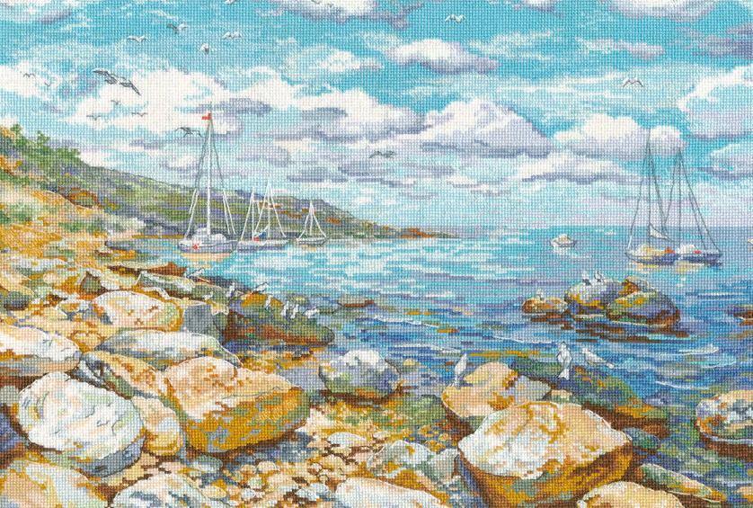 Crimean Coast 1177 counted cross stitch kit featuring Aida canvas, colorful threads, and a needle for crafting.