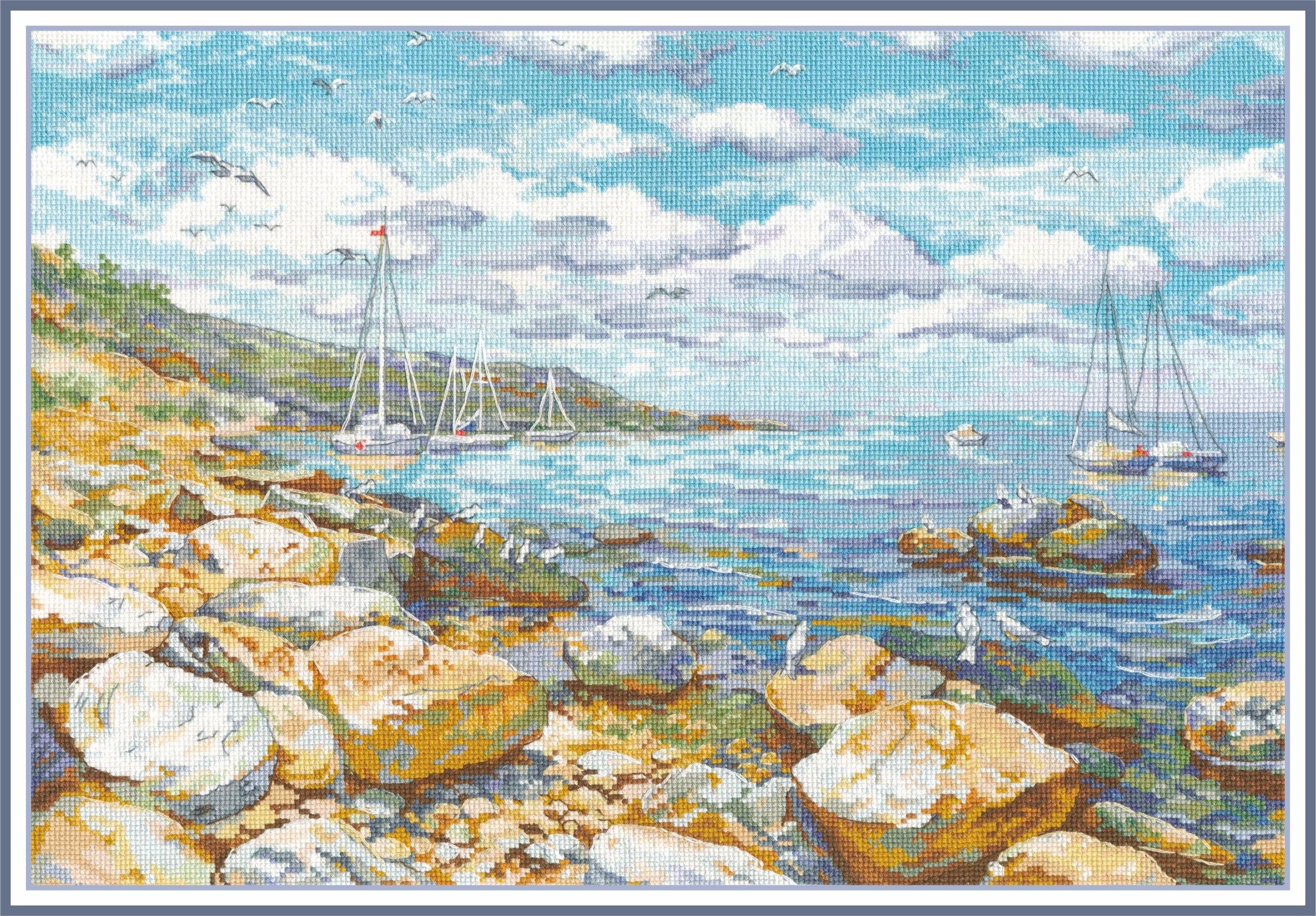 Crimean Coast 1177 counted cross stitch kit featuring Aida canvas, colorful threads, and a needle for crafting.