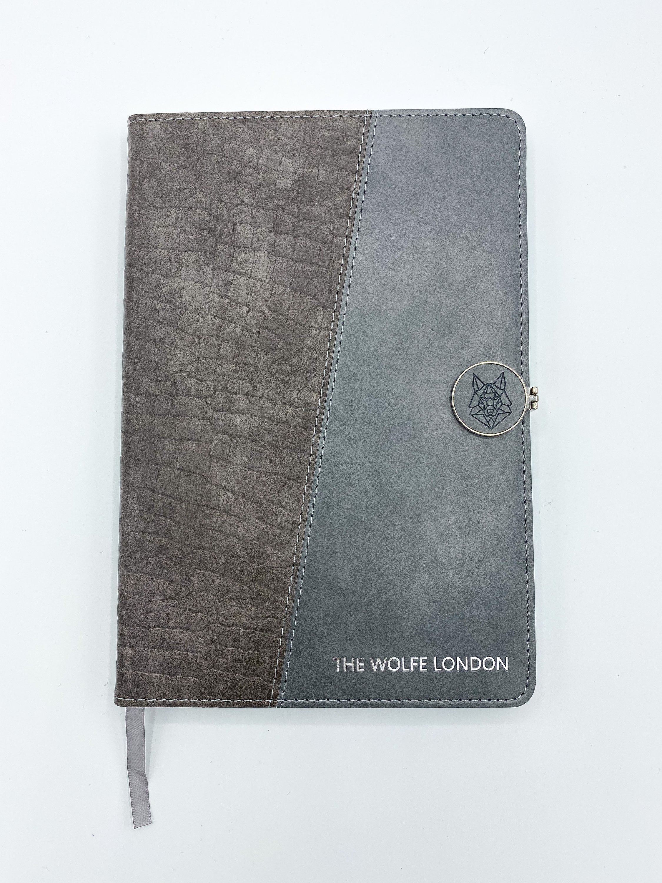 Crocodile Grey A5 Journal with half crocodile leather and half smooth leather cover, featuring a magnetic clasp and embossed logo.