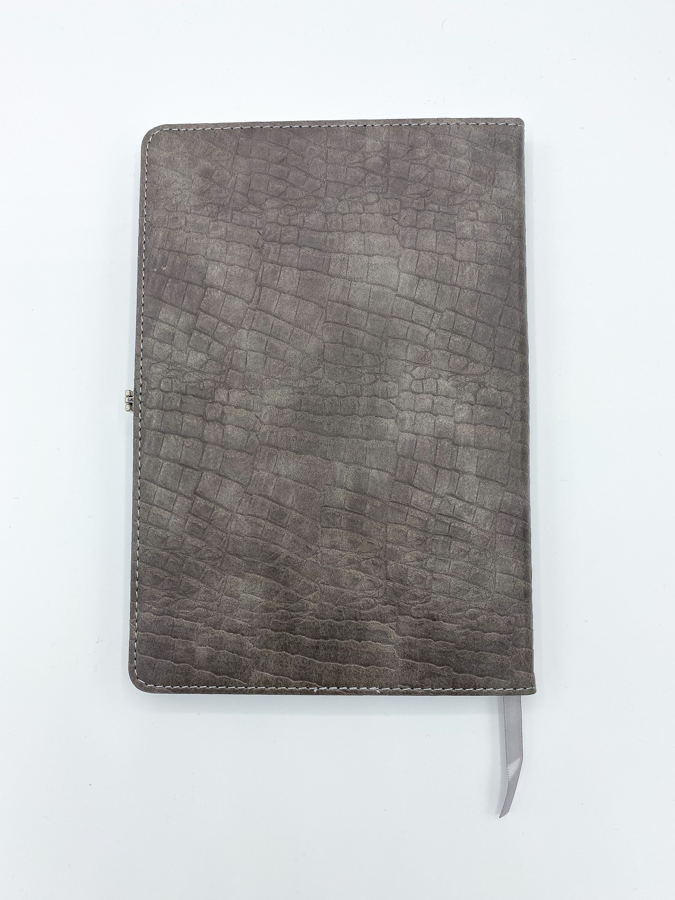 Crocodile Grey A5 Journal with half crocodile leather and half smooth leather cover, featuring a magnetic clasp and embossed logo.