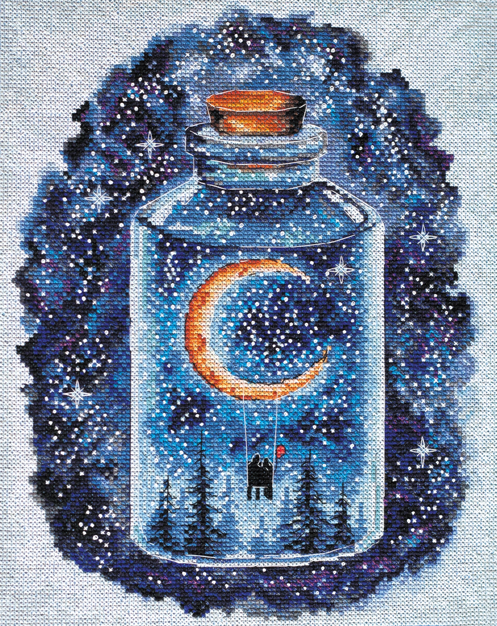 Cross-stitch kit A month for lovers AH-095 featuring dark blue canvas, colorful floss, and stitching supplies.