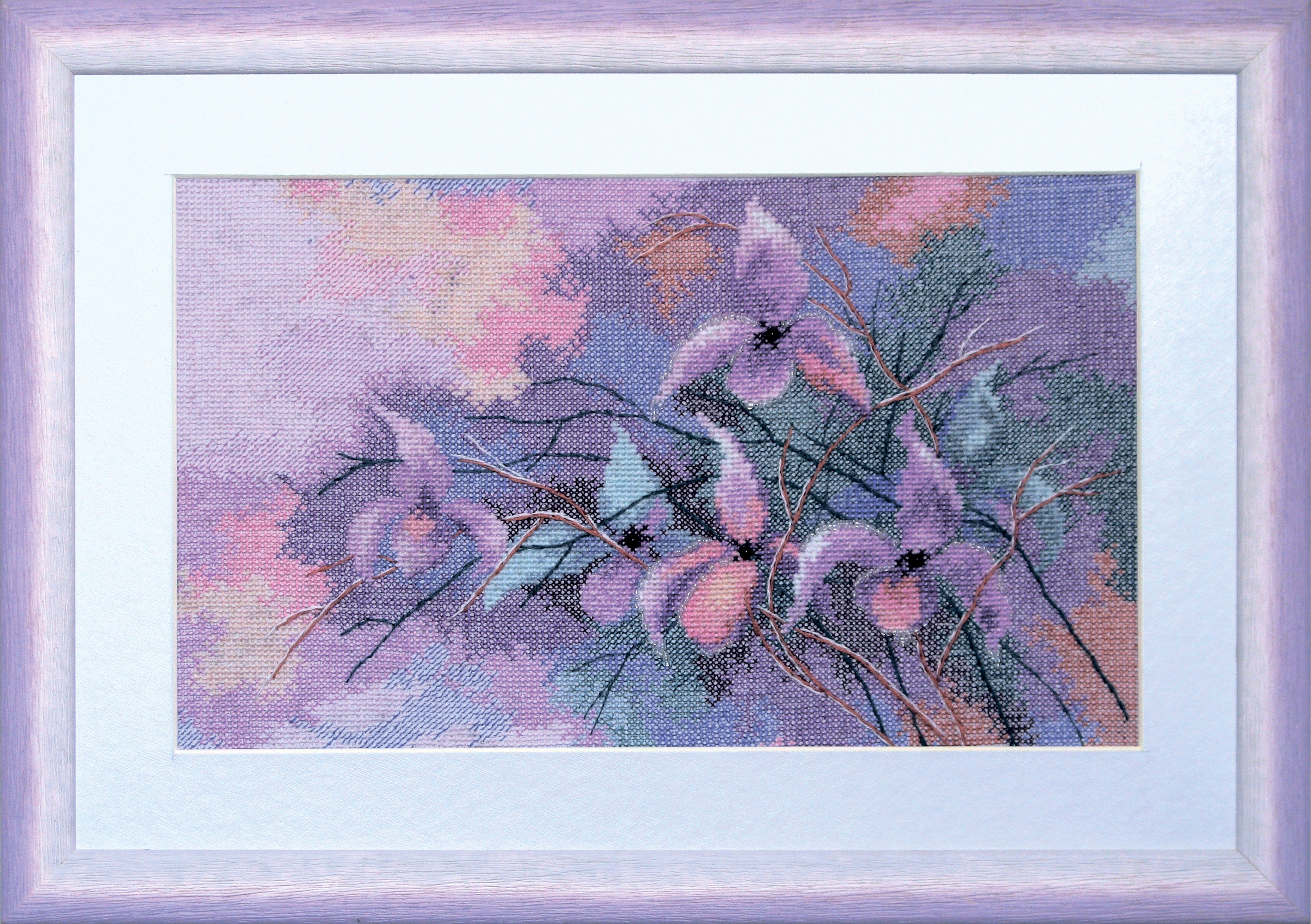 Cross-stitch kit A-030C featuring violet flowers with Aida fabric, threads, and needle.