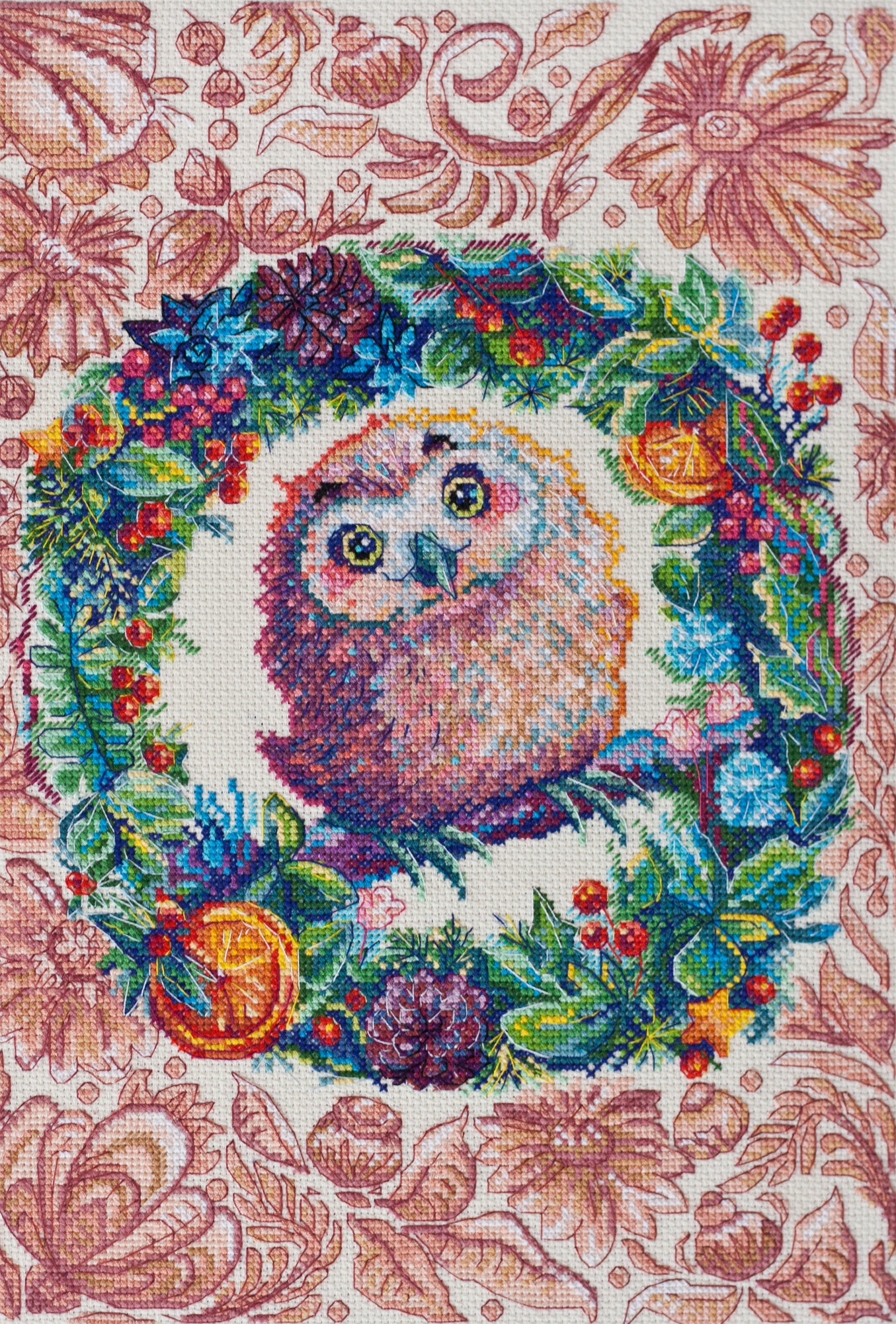 Berry Sweet Cross-stitch Kit AH-076 featuring 100% cotton canvas, 49 vibrant floss colors, and multilingual instructions.