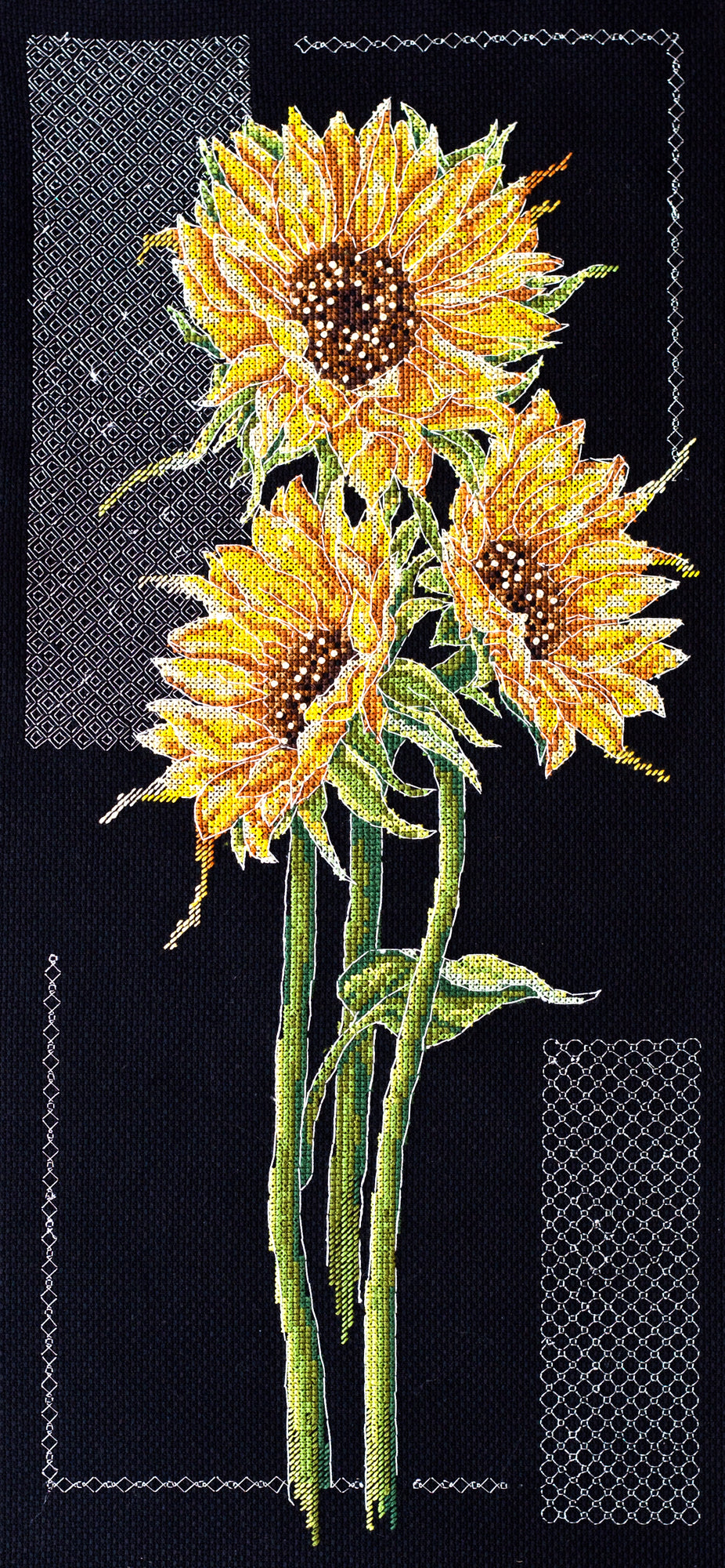 Bright Sunflowers Cross-Stitch Kit AH-159 featuring colorful threads and black canvas.