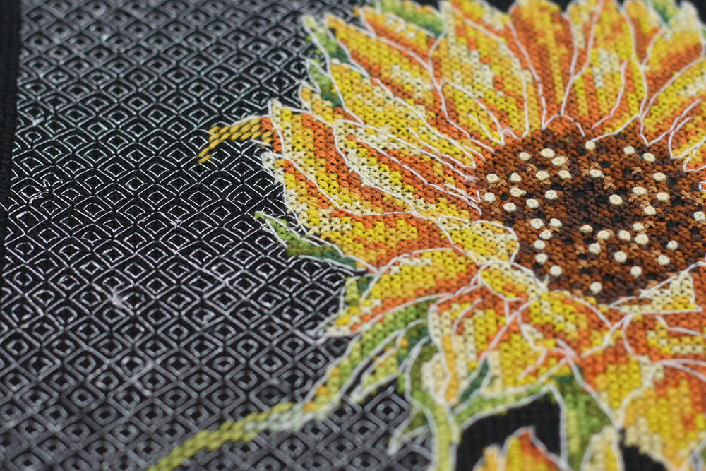 Bright Sunflowers Cross-Stitch Kit AH-159 featuring colorful threads and black canvas.