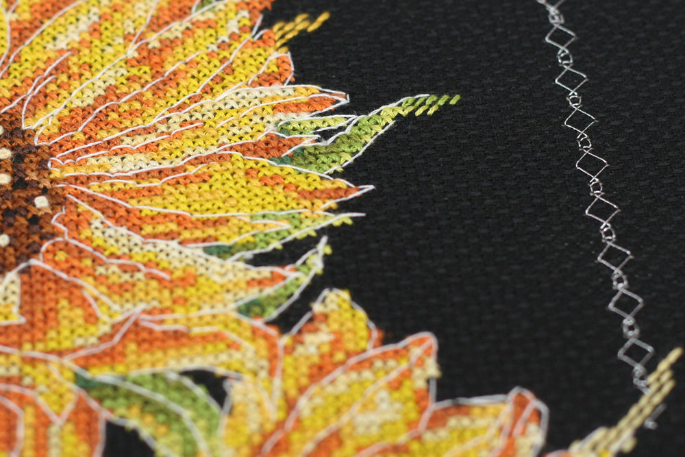 Bright Sunflowers Cross-Stitch Kit AH-159 featuring colorful threads and black canvas.