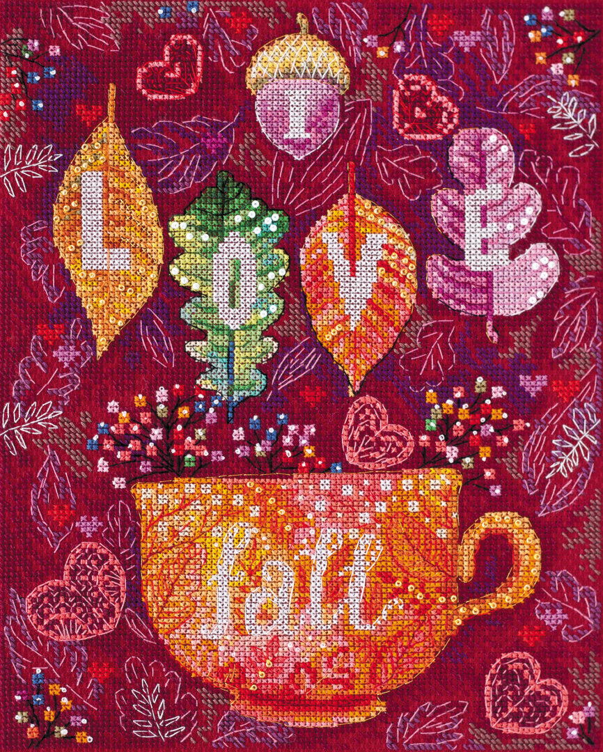 Colorful Autumn Cross-stitch Kit AH-128 featuring vibrant threads, canvas, and decorative elements for crafting.