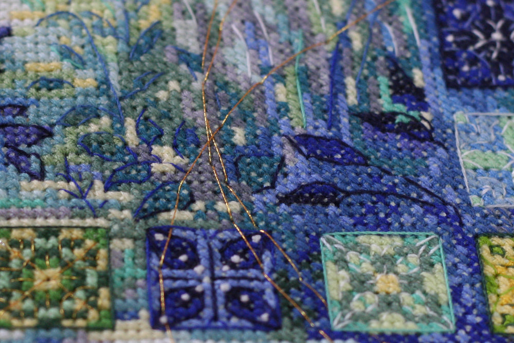 Cross-stitch kit Dawn over the river AH-152 featuring cotton canvas, colorful floss, and stitching supplies.