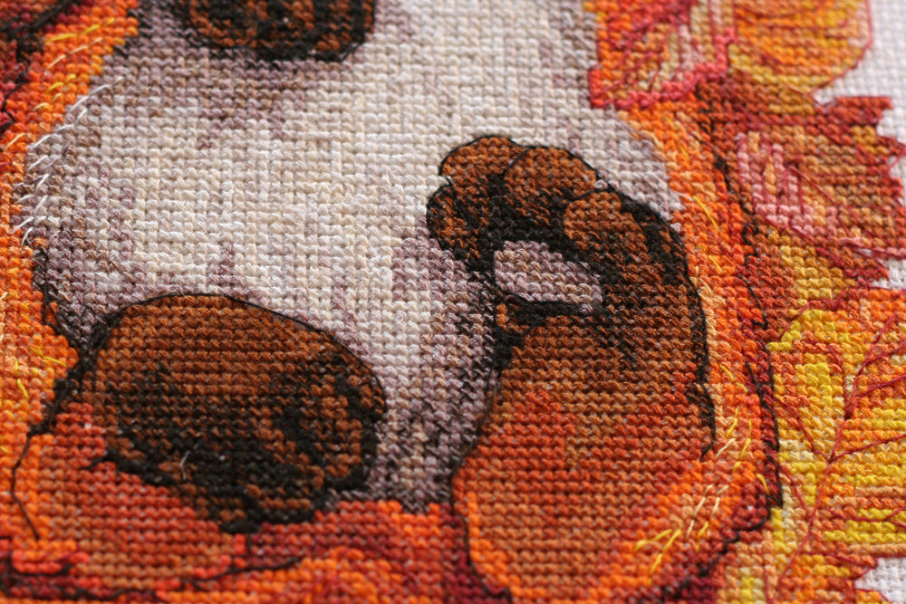 Cross-stitch kit First autumn AH-112 featuring cotton canvas, colorful floss, and needles for crafting autumn-themed art.