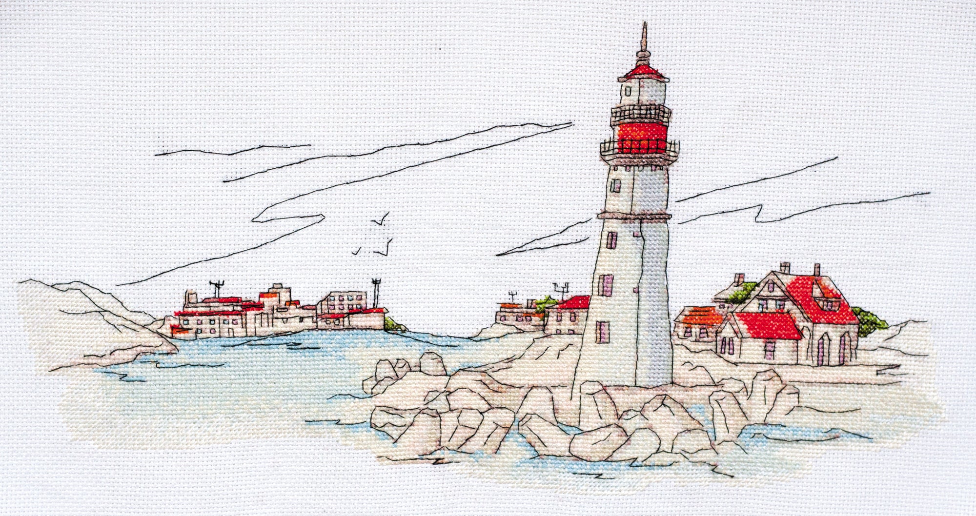 Cross-stitch kit Lighthouse light AH-109 featuring cotton canvas, colorful floss, and needles for crafting.