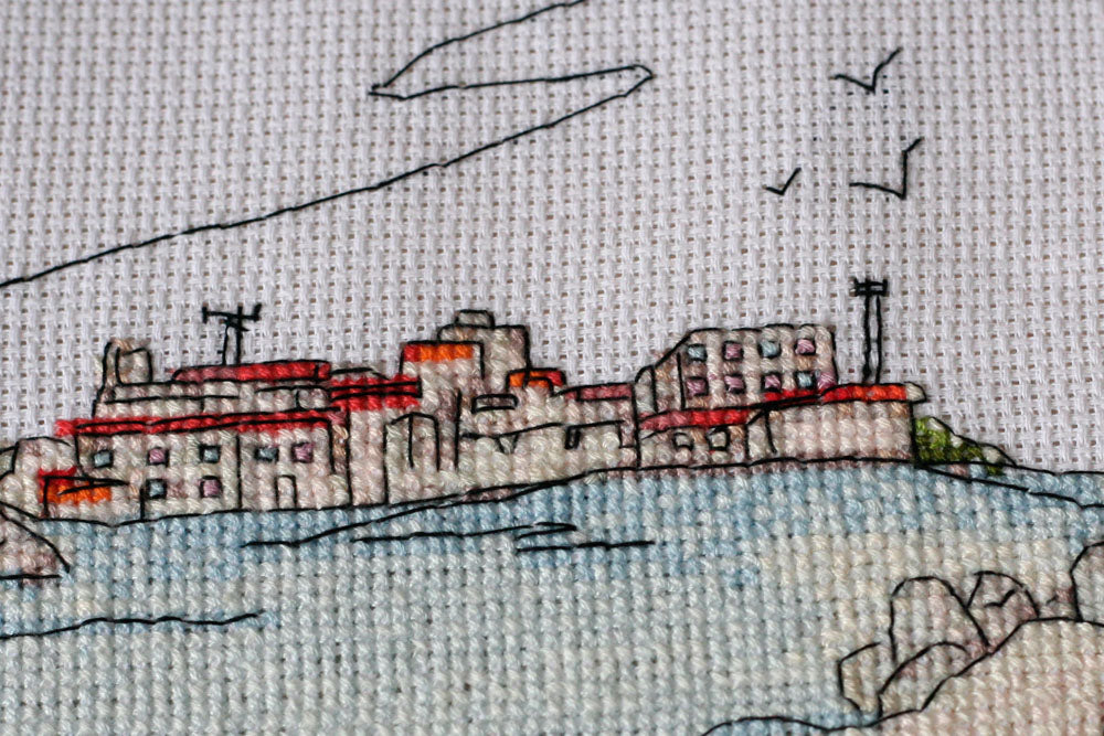 Cross-stitch kit Lighthouse light AH-109 featuring cotton canvas, colorful floss, and needles for crafting.