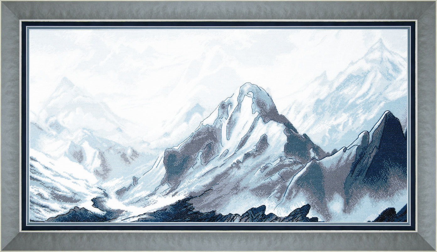 Cross-stitch kit M-217C featuring mountains, includes fabric, threads, and instructions.