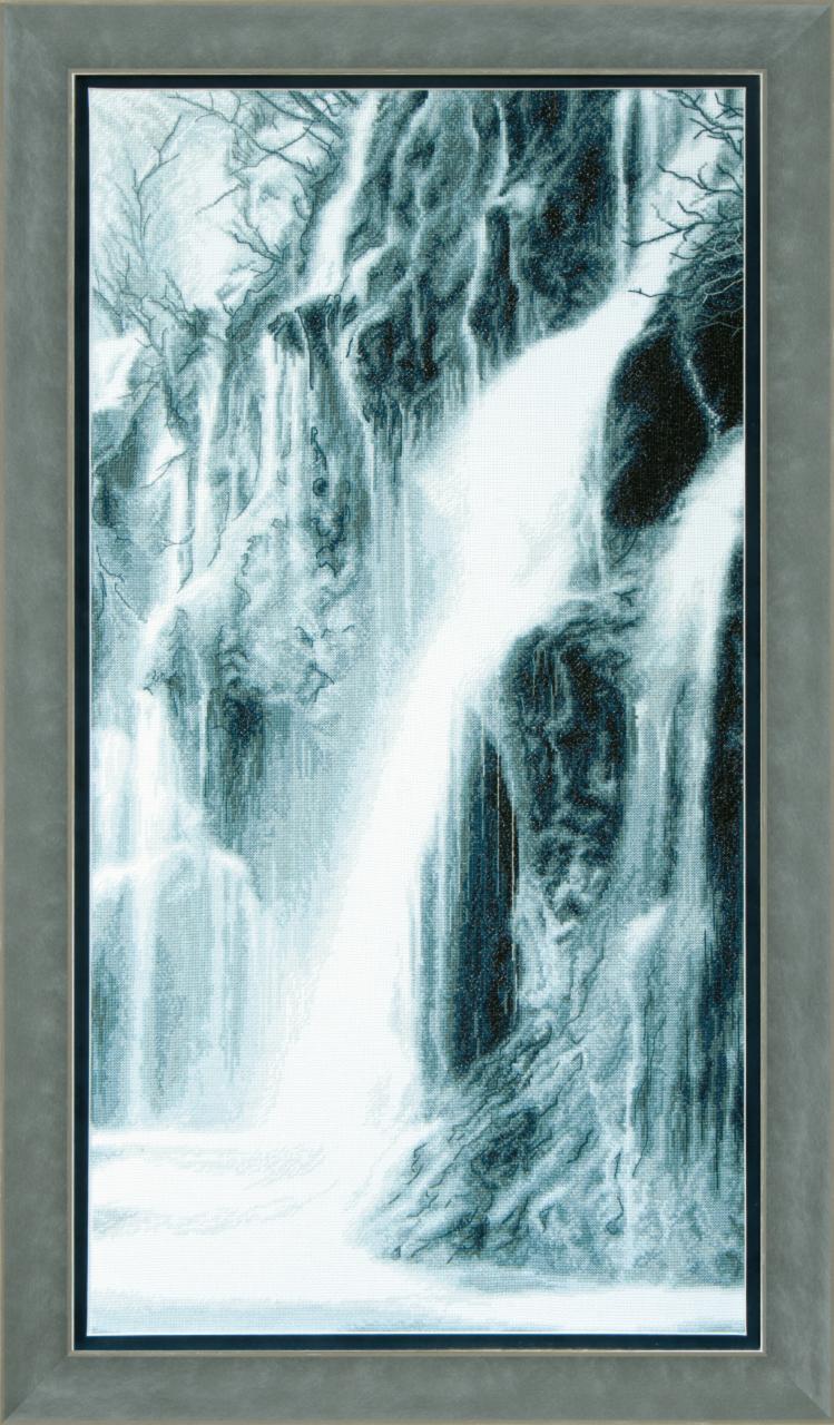 Cross-stitch kit M-223C 'Waterfall' featuring Aida fabric, colorful threads, and an instruction chart.