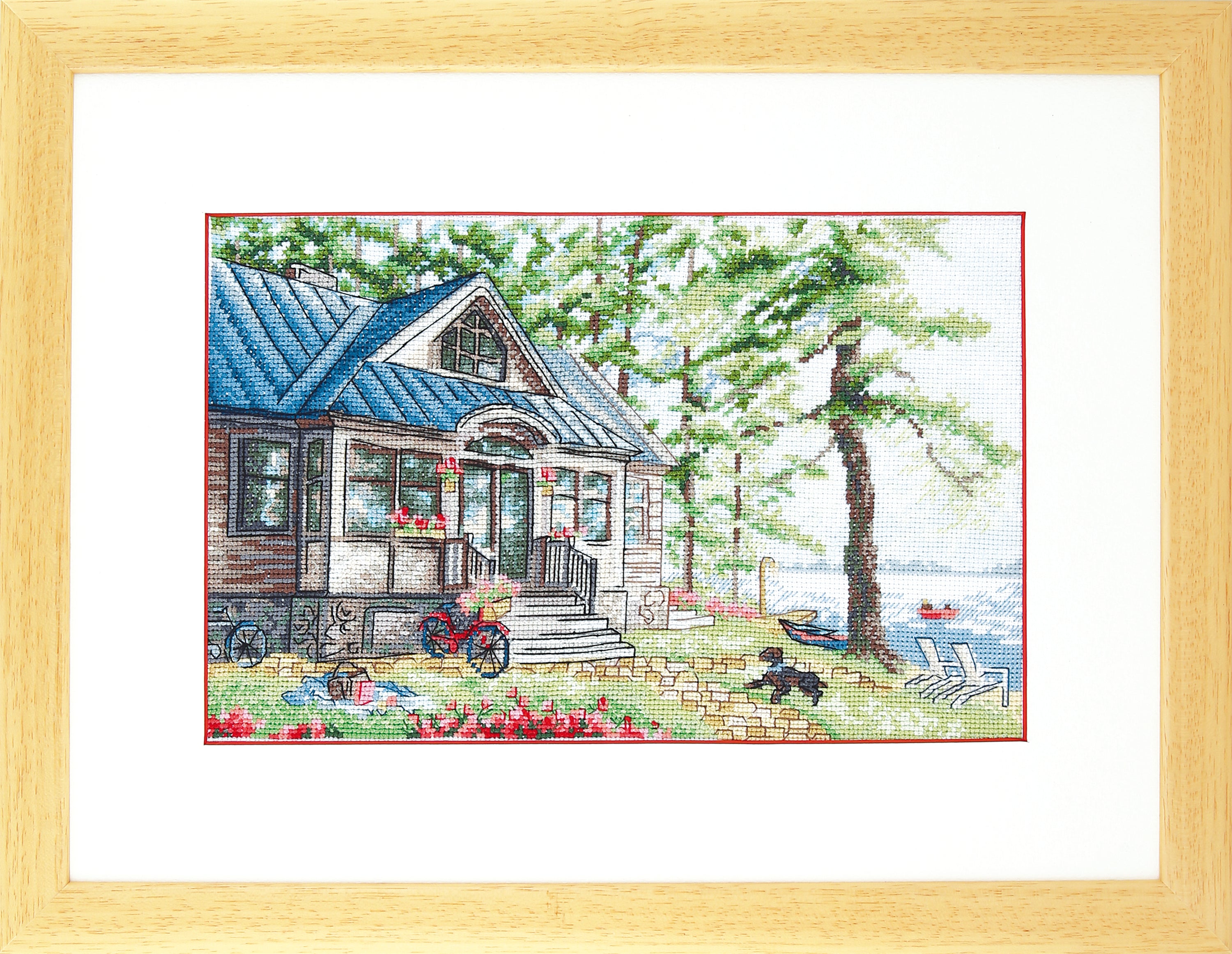 Cross-stitch kit M-322C featuring a serene lakeside scene with colorful threads and Aida fabric.