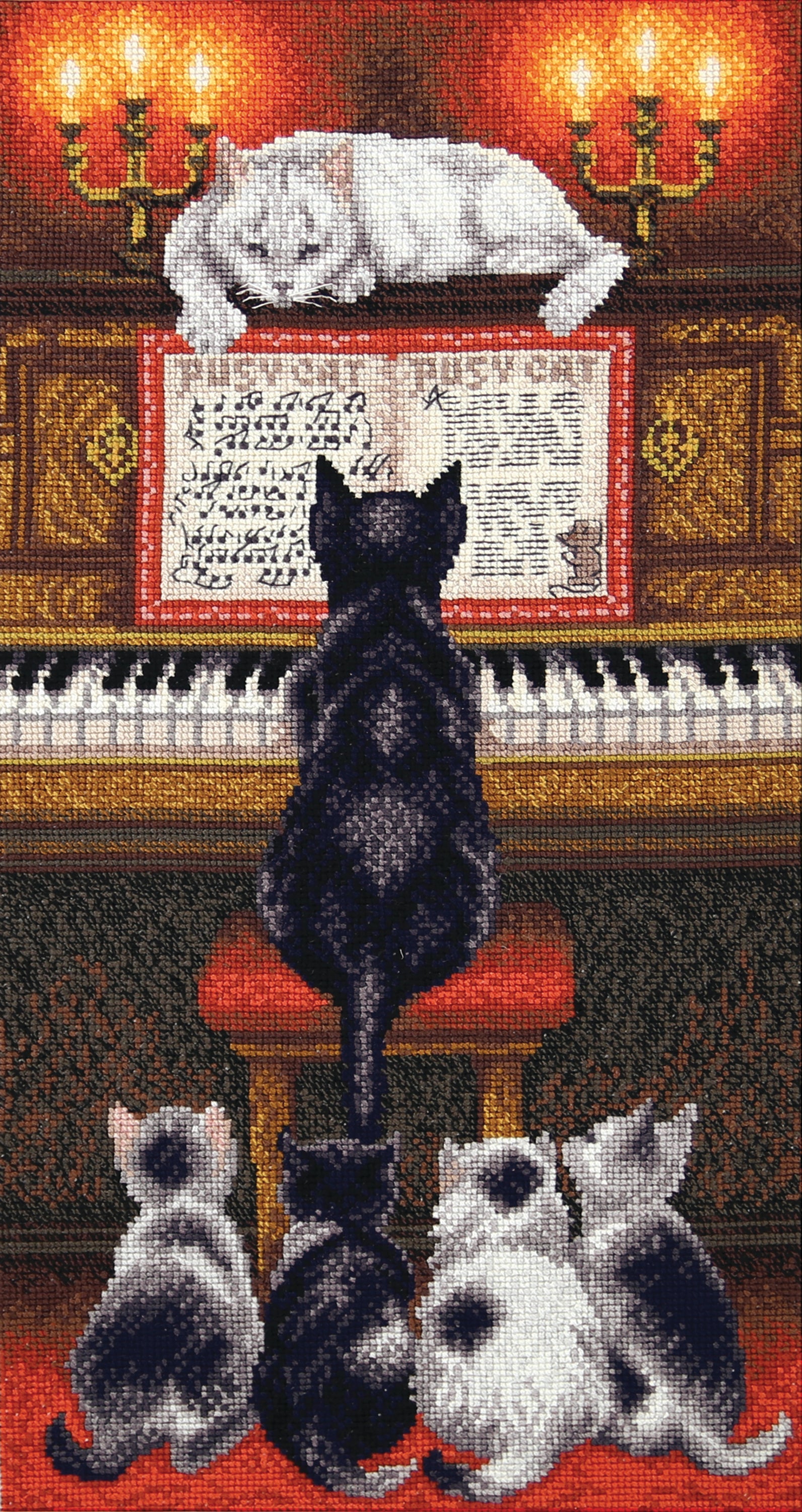 Cross-stitch kit M-353C 'Music lesson' with colorful threads, Aida fabric, and instruction chart.