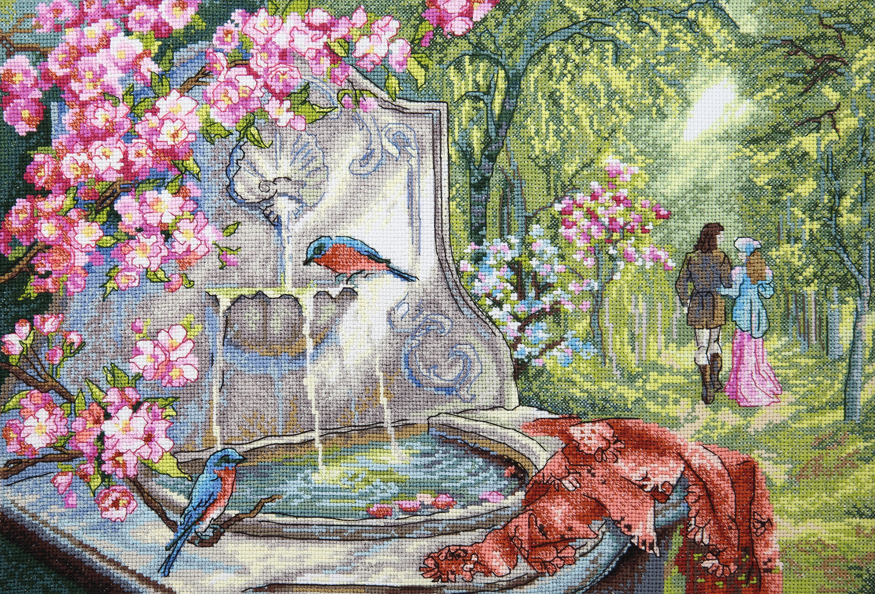 Cross-stitch kit M-370C featuring 'Azure Birds' design with colorful threads and Aida fabric.