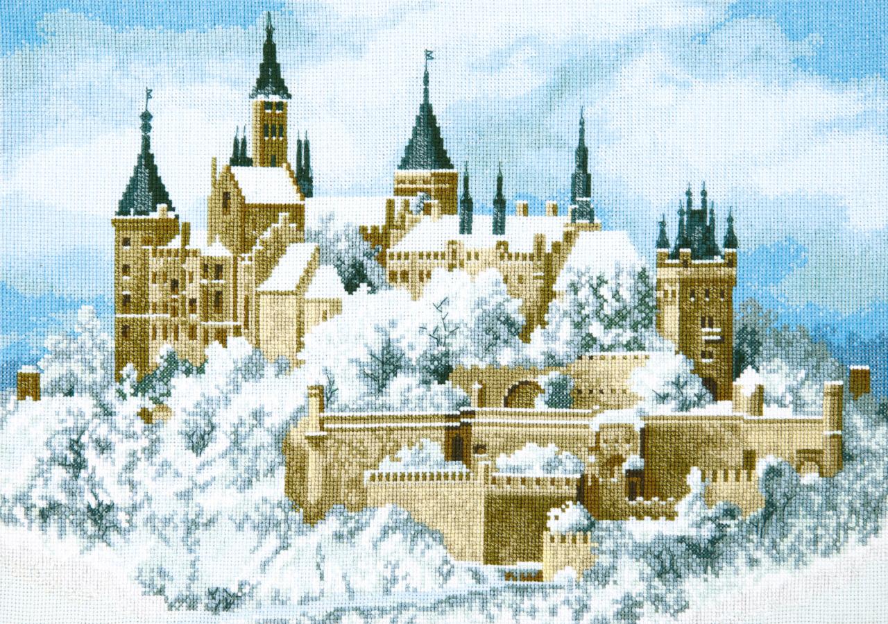 Cross-stitch kit M-371C featuring a beautiful castle design in the clouds, complete with canvas, floss, and needle.