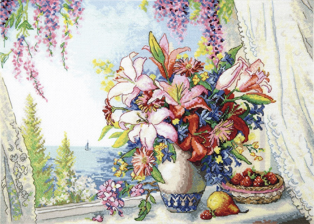 Cross-stitch kit M-383C 'Sea flavor' featuring colorful threads, beads, and Aida fabric for crafting.