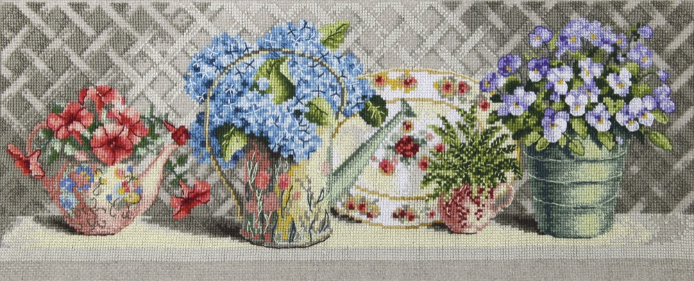 Cross-stitch kit M-390C featuring summer-themed design, includes Aida canvas, threads, and needle.