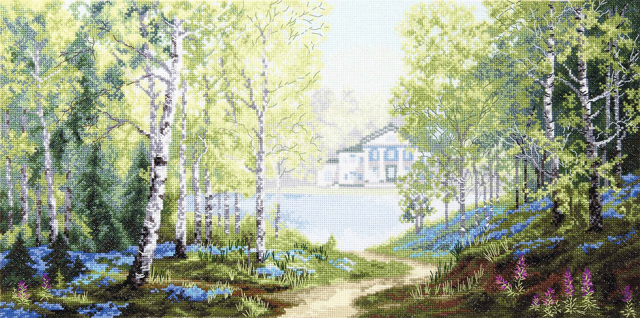 Cross-stitch kit M-398C featuring a spring forest design with colorful threads and canvas.