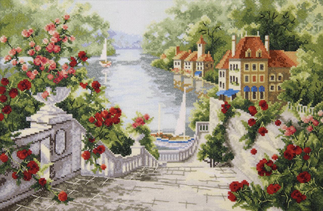 Cross-stitch kit M-406C featuring Aida fabric, Madeira floss, and instructions for holiday-themed embroidery.