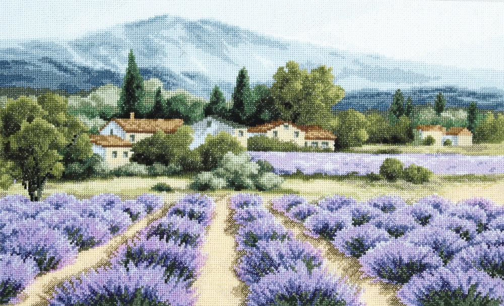 Cross-stitch kit M-416C 'Mountain lavender' featuring Aida fabric, colorful threads, and detailed instructions.