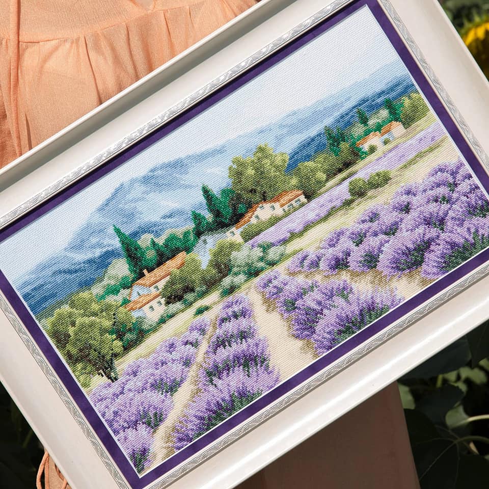 Cross-stitch kit M-416C 'Mountain lavender' featuring Aida fabric, colorful threads, and detailed instructions.