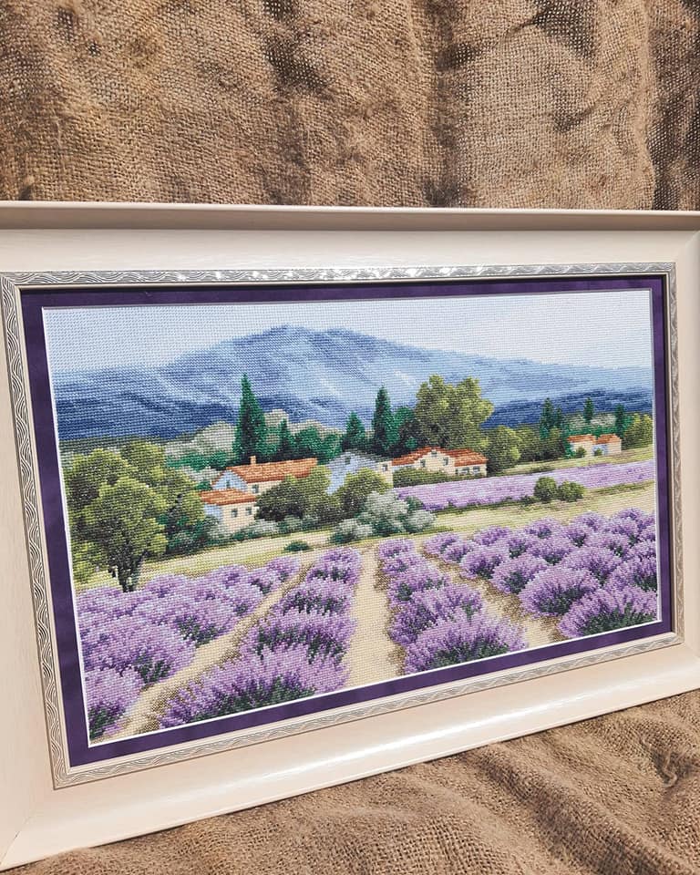 Cross-stitch kit M-416C 'Mountain lavender' featuring Aida fabric, colorful threads, and detailed instructions.