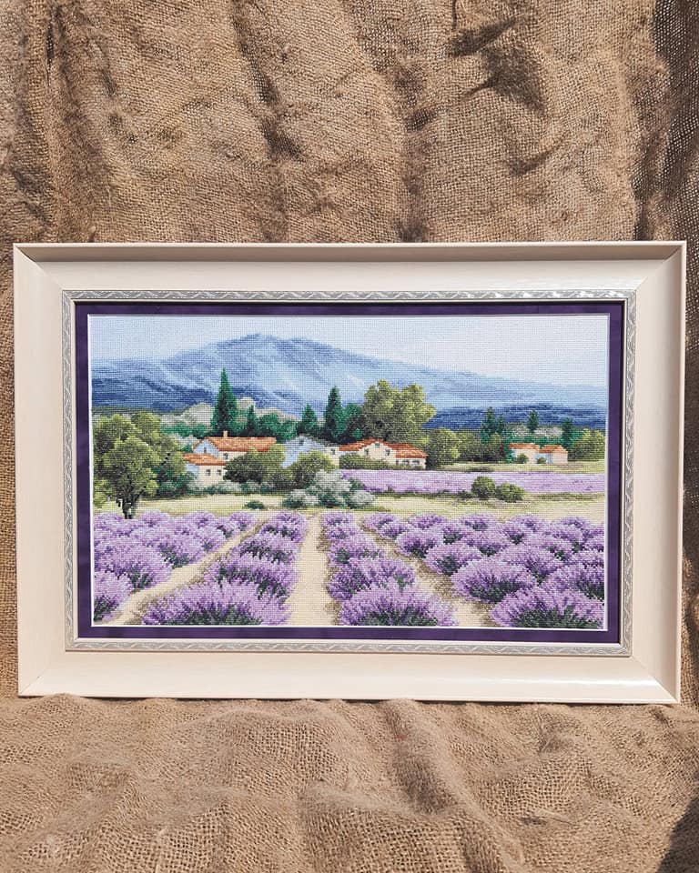 Cross-stitch kit M-416C 'Mountain lavender' featuring Aida fabric, colorful threads, and detailed instructions.