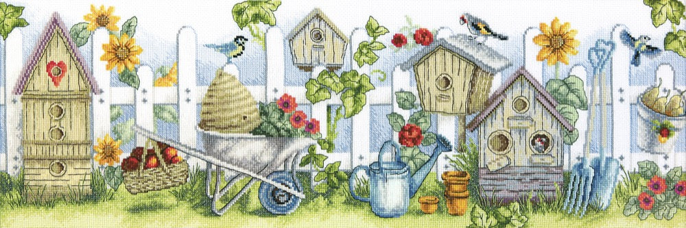 Cross-stitch kit M-451C 'Bird yard' featuring colorful threads, Aida fabric, and instruction chart.