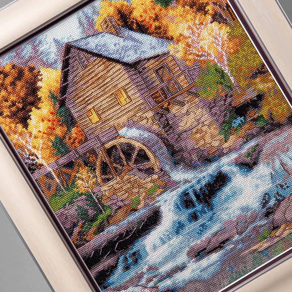 Cross-stitch kit M-457C 'Living water' featuring Aida fabric, Madeira floss, and a color symbol chart.