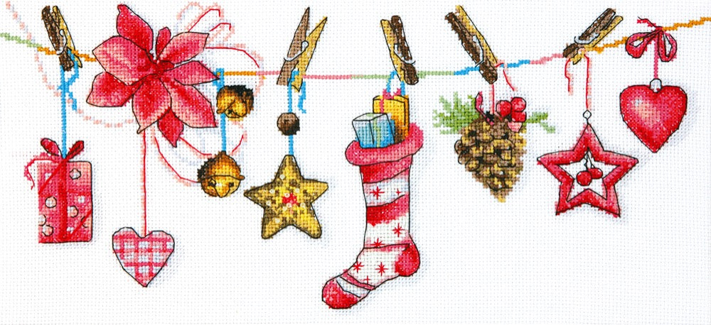 Cross-stitch kit M-446C featuring festive design, includes fabric, floss, beads, and needle.