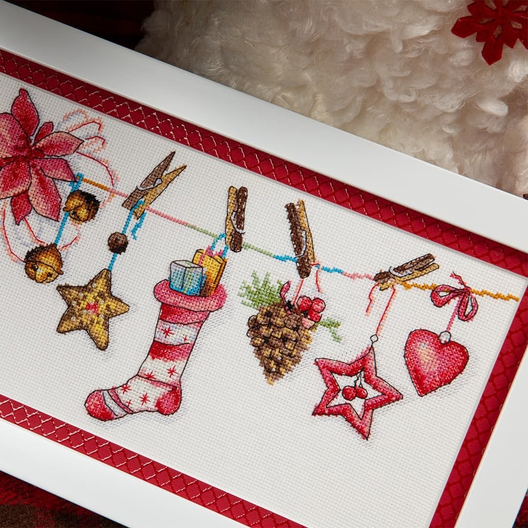 Cross-stitch kit M-446C featuring festive design, includes fabric, floss, beads, and needle.