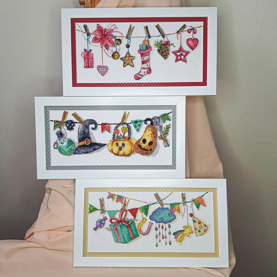 Cross-stitch kit M-446C featuring festive design, includes fabric, floss, beads, and needle.