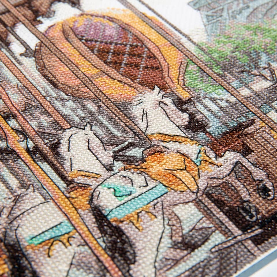 Cross-stitch kit M-479C featuring a French carousel design with colorful threads and Aida fabric.