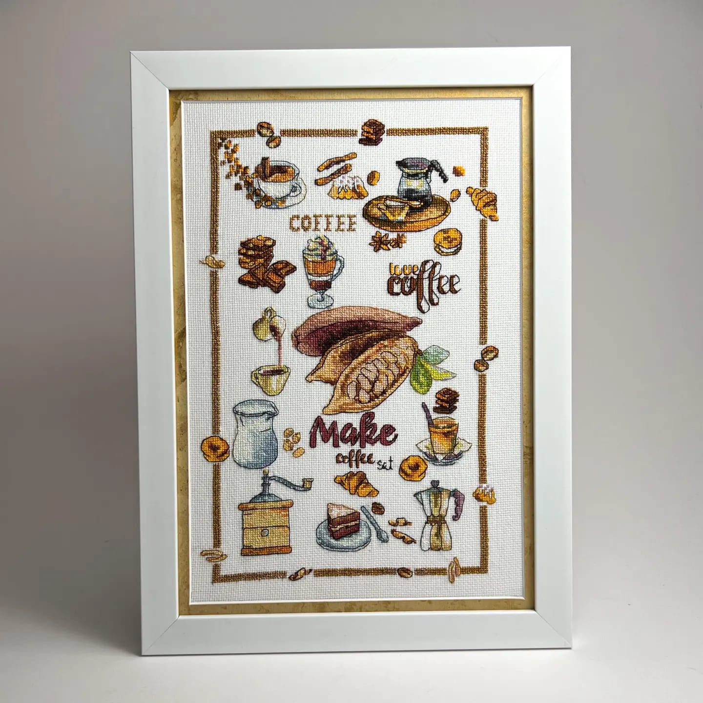 Cross-stitch kit M-495C 'Delicious stories' featuring Aida canvas, Madeira floss, and color chart.