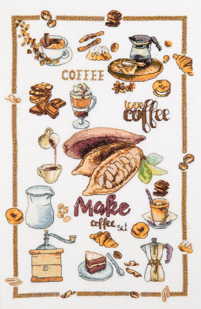 Cross-stitch kit M-495C 'Delicious stories' featuring Aida canvas, Madeira floss, and color chart.