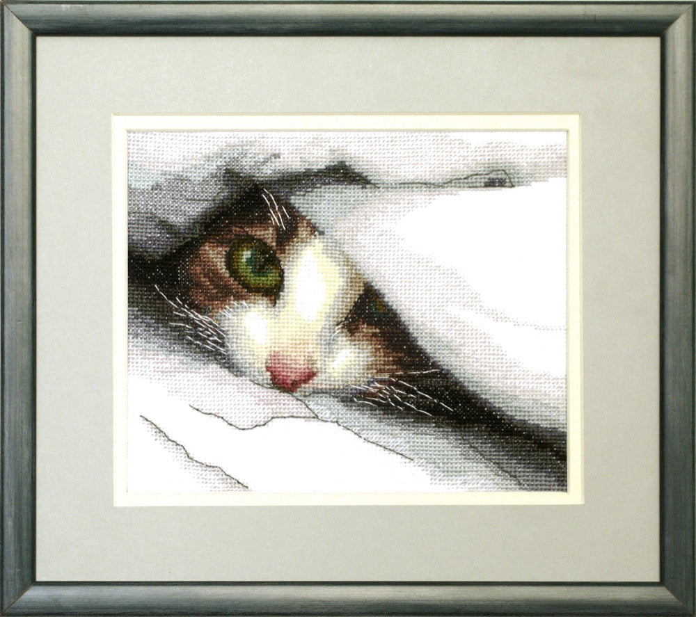 Cross-stitch kit M-91C 'Hide and seek' featuring Aida fabric, mouline Madeira threads, and a needle.