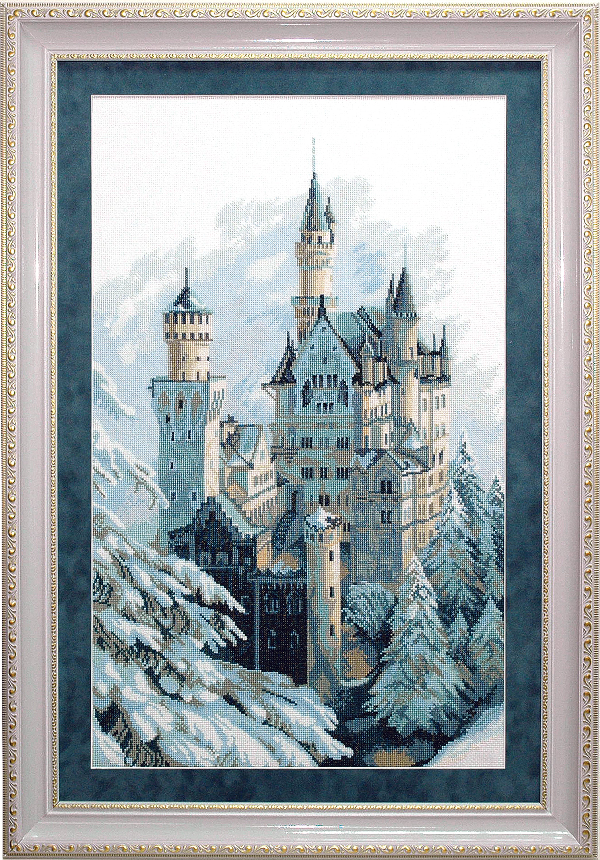 Cross-stitch kit M-98C featuring 'Winter Castle' design with colorful threads and Aida fabric.